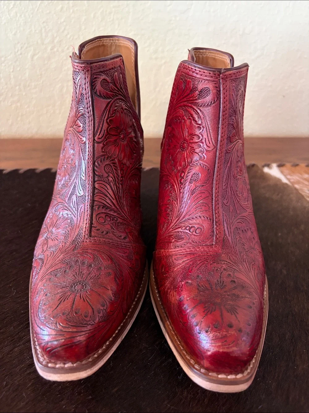 Myra Bag Red Tooled Floral Leather Ankle Booties - Picture 2 of 12